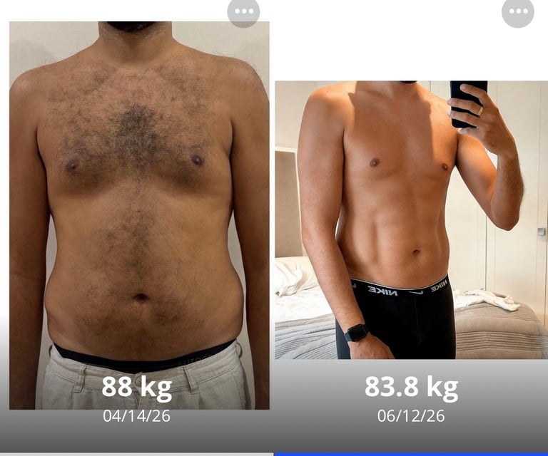 Before and after body transformation comparison showing weight loss from 88 kg to 83.8 kg over two months